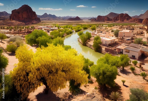 Panoramic view of the town of Blanca, in the Ricote Valley, Murcia, Spain. The Segura river, with lemon orchards and the city in the background, river, Segura, Murcia, Spain. Generative AI photo