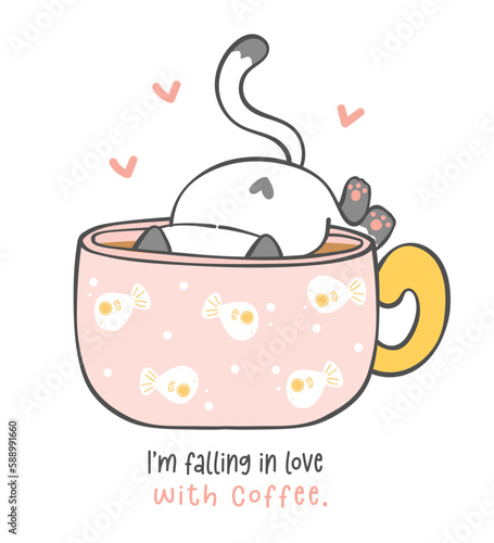 cute  playful cat in coffee cup, fall in love with coffee, cartoon animal doodle hand drawing