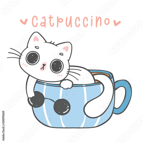 cute cat in coffee cup cartoon, animal character doodle hand drawing illustration.