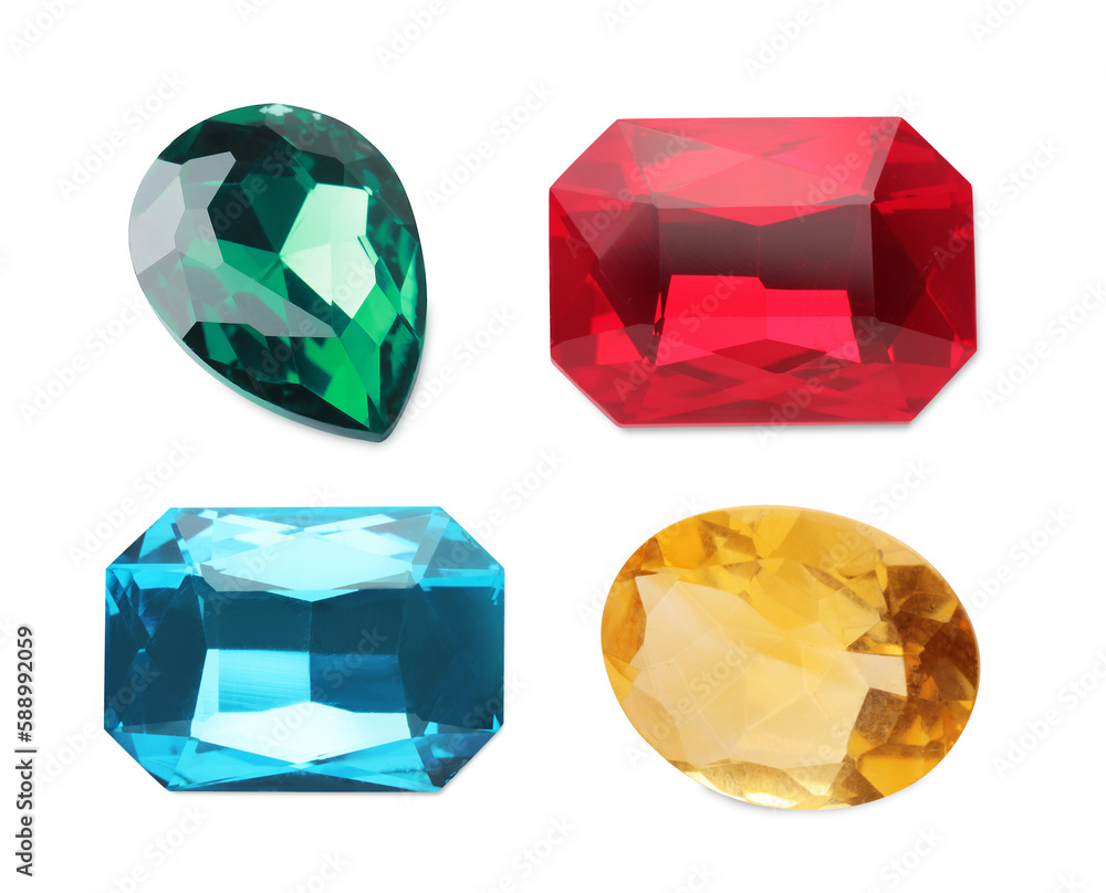 Set of beautiful gemstones on white background, top view Set of beautiful gemstones on white background, top view