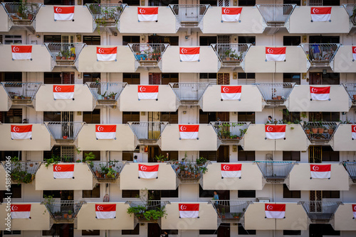 Singapore 2019 an apartment corridor with full flags  for National Day of Singapore celebration