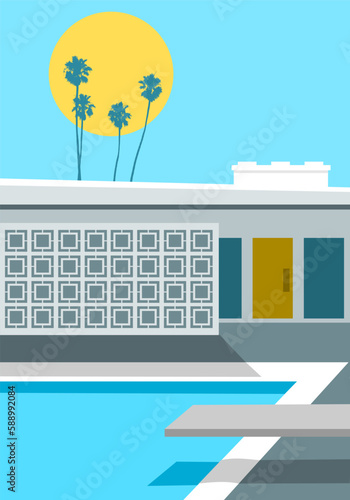 Retro mid-century modern back yard with pool and diving board
