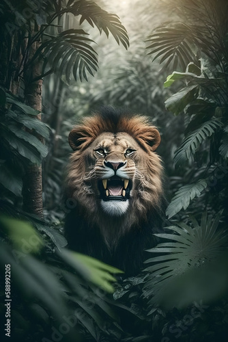 Portrait of a ferocious lion in the middle of the jungle  created with Generative AI technology