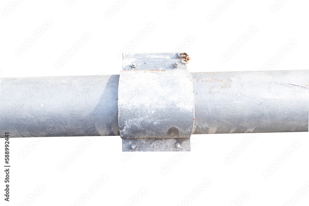 Water supply pipe fitting nut. Water supply pipe joints with bolts attached to each other. There is rust around pipe. It is technology that has been used for long time. Isolated on cutout PNG.