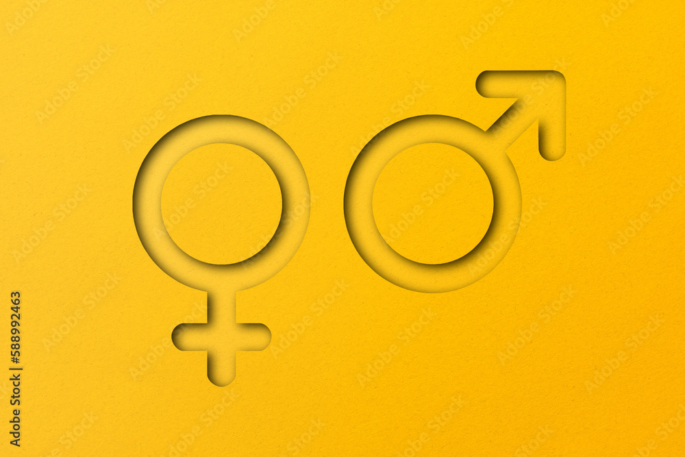 The yellow paper was cut into the shapes of male and female symbols ...