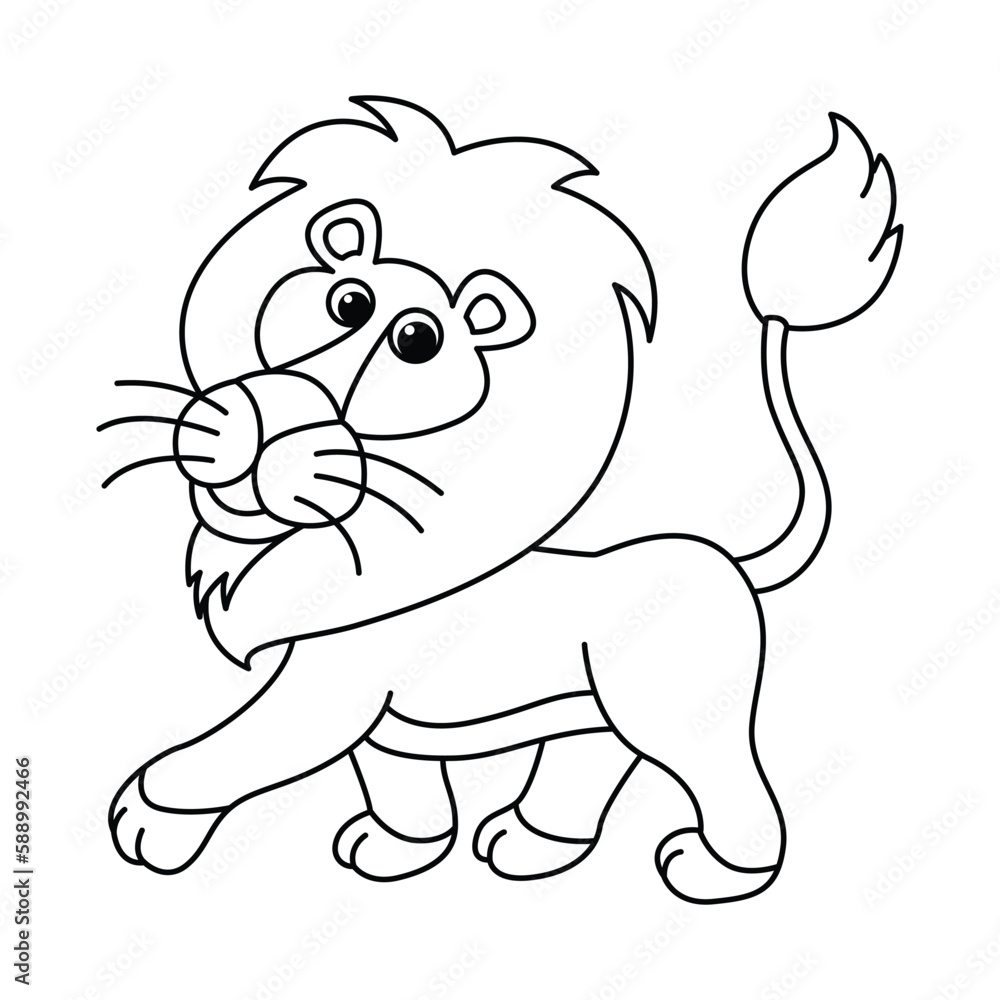 Funny lion cartoon characters vector illustration. For kids coloring book.