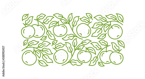 Apple fruit line ornament. Branches leaves and fruit. Editable outline stroke. Vector line.