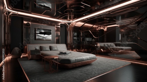 Luxurious Copper and Black Interior with Shiny Walls: Award-Winning 8K HD Design inspired by Bionics for Hotel, Home, and Business Spaces, Generative AI