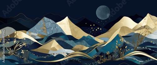 Luxury glow mountain wallpaper with night scenic landscape in backgrond blue gold.