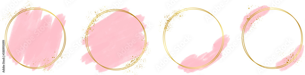 Obraz Gold frame with abstract splashes of pink watercolor brush strokes for logos, banners, cards, covers, flyers, and posters, watercolor strokes with gold frame fototapeta, plakat