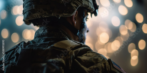 Close up of US soldier viewed from back on bokeh particles background. Generative AI © Bartek