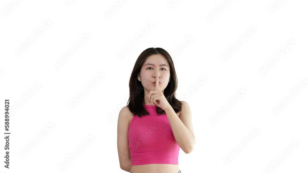 Asian woman doing silent gesture with finger, Noiseless signal transmission, Noiseless symbol, Hide a secret, Crossed hands, Do not speak, Shut your mouth, Isolated on yellow background . Asian woman doing silent gesture with finger, Noiseless signal transmission, Noiseless symbol, Hide a secret, Crossed hands, Do not speak, Shut your mouth, Isolated on yellow background .