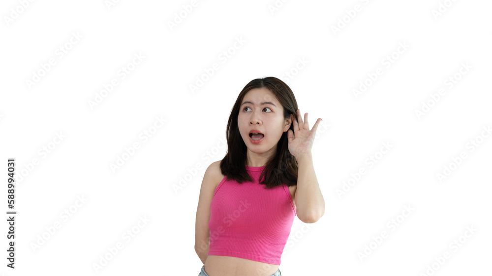 Asian woman eavesdropping or overhearing secret conversation isolated on yellow background, Gossip, Listening, Yellow background studio portrait. Asian woman eavesdropping or overhearing secret conversation isolated on yellow background, Gossip, Listening, Yellow background studio portrait.