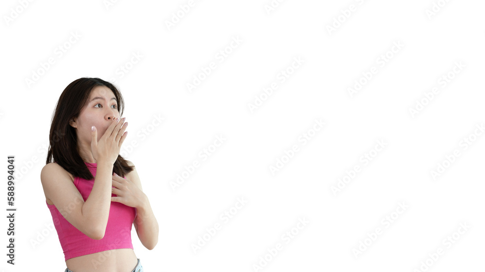 Asian woman acting shocked or surprised isolated on a Yellow background, Looking camera, Concept acts according to the emotions and feelings of excitement and shock, Yellow background, Copy space. Asian woman acting shocked or surprised isolated on a Yellow background, Looking camera, Concept acts according to the emotions and feelings of excitement and shock, Yellow background, Copy space.