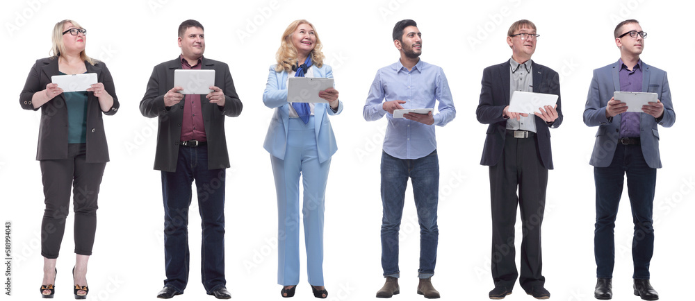 Obraz premium a group of people are holding a tablet and looking to the side