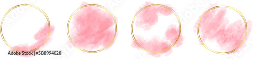 Gold frame with abstract splashes of pink watercolor brush strokes for logos, banners, cards, covers, flyers, and posters, watercolor strokes with gold frame