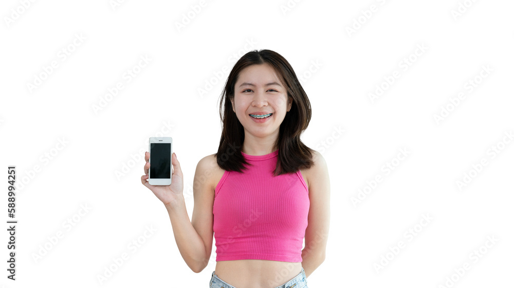 Woman pointing finger at mobile phone, Point to the mobile phone to recommend applying or registering via the smartphone system or scanning the QR code to receive news before anyone else, Click now. Woman pointing finger at mobile phone, Point to the mobile phone to recommend applying or registering via the smartphone system or scanning the QR code to receive news before anyone else, Click now.