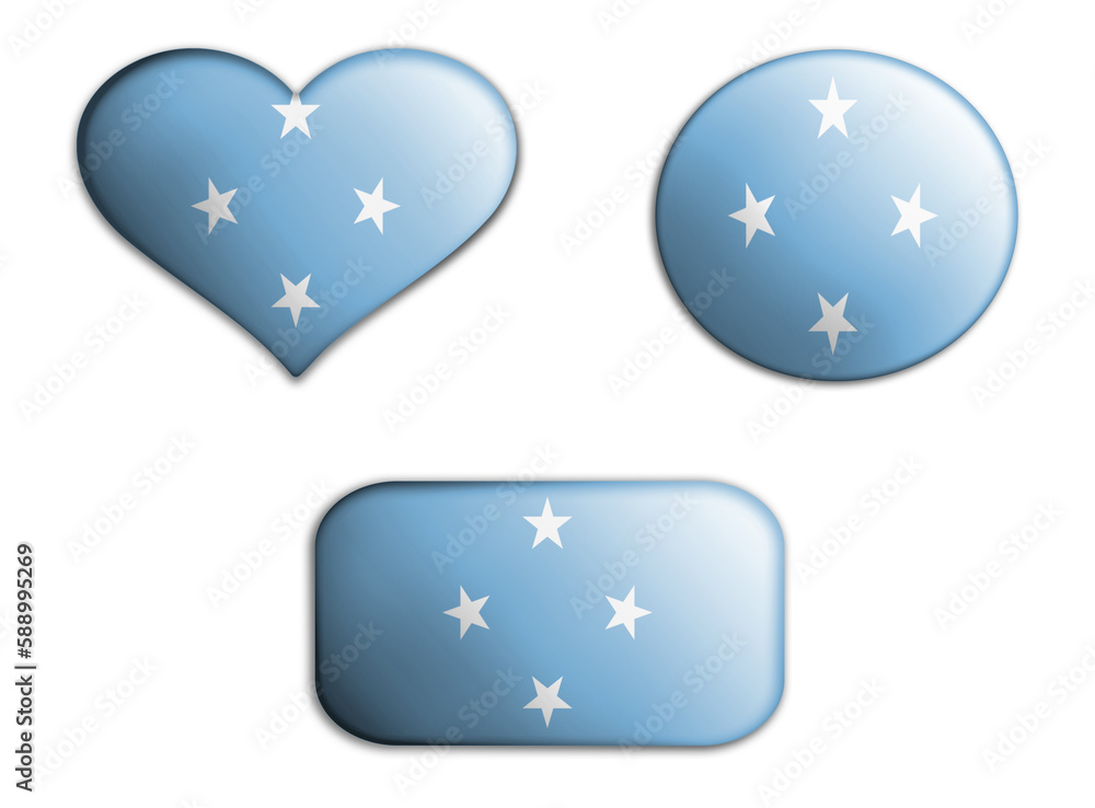 colorful national art flag of Federated States of Micronesia figures bottoms on a white background . concept collage. 3d illustration colorful national art flag of Federated States of Micronesia figures bottoms on a white background . concept collage. 3d illustration