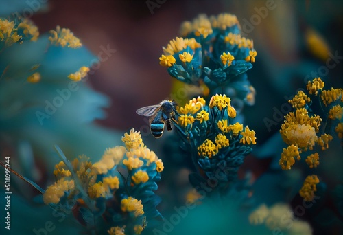 Small yellow bright summer flowers and bee on a background of blue and green foliage in a fairy garden. Macro artistic image. Banner format. Generative AI