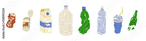 A set of damaged containers. Plastic, glass, metal bottles and jars. The concept of recycling and sorting garbage. An image for conservationists and waste recycling companies.Vector illustration.