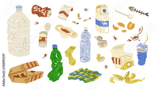 A set of items for the concept of recycling and sorting garbage. Damaged things, broken bottles, rotten food. Packaging, metal, plastic, glass. Vector illustration. Isolated object.