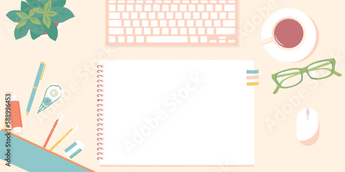 デスクワークのイラスト　カラフルな文房具　フラットレイ