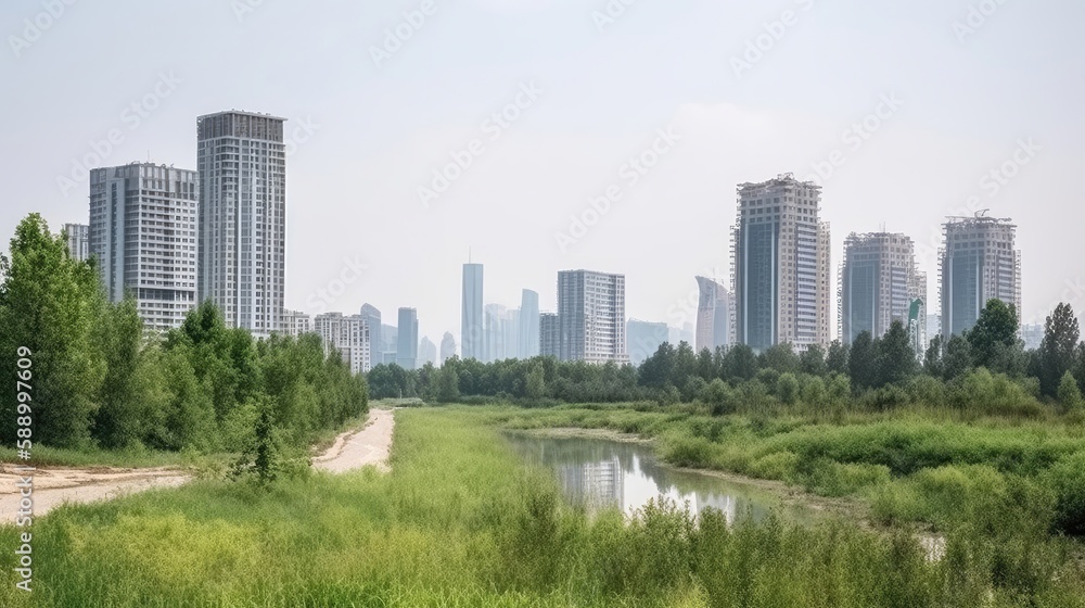 Public park and high-rise buildings cityscape. Generative AI