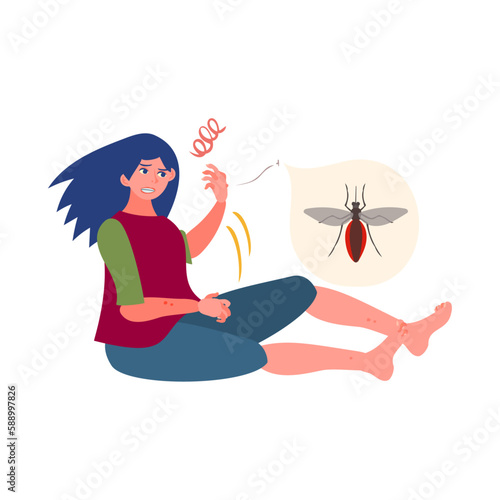 蚊に刺されてイライラする女性。フラットなベクターイラスト。A woman becoming irritated by mosquito bites.  Flat designed vector illustration.