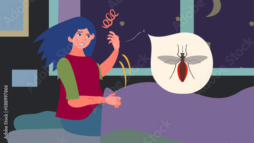 寝室で蚊に刺されて眠れない女性。フラットなベクター背景イラスト。A woman unable to sleep due to being bitten by mosquitoes in her bedroom. Flat designed vector illustration.