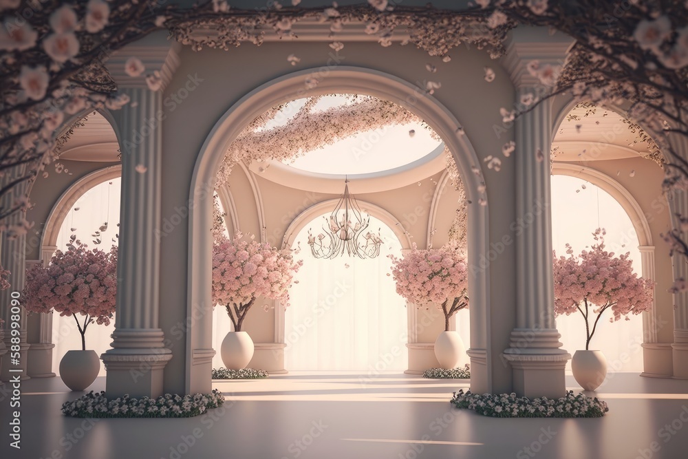 Cherry blossoms in a room with arch, Generative AI