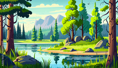 Beautiful mountain lake scenery with clear still water, mountain ridge, dense forest, meadow shores and tall pine trees in the foreground.