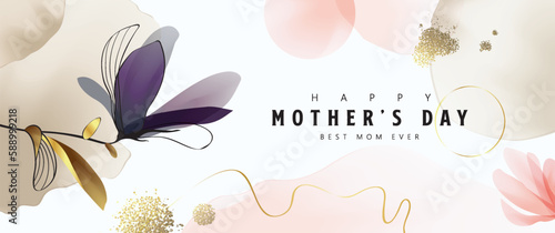 Happy Mother's Day Calligraphy abstract art background vector. Luxury minimal style wallpaper with golden line art flower and botanical leaves, watercolor. Vector background for banner, poster.