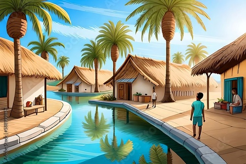 tropical village with trees water, beach, palm, sea, summer, sky, sun, relax, village, canal, desert Generative AI Generative AI © Muntasir
