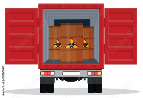 A truck carries dangerous chemicals in barrels labeled radioactive