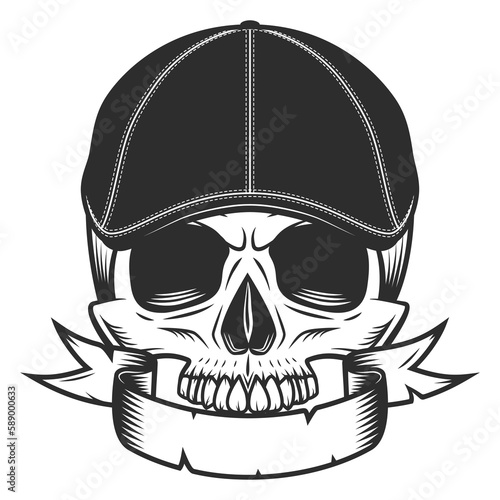 Skull without jaw in gangster gatsby tweed hat flat cap with ribbon vintage vector illustration