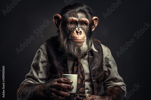 Studio portrait of a chimp dressed like a hipster barista, mug of coffee in front of him, happy, gazing camera, photoshoot, studio lighting, detailed, sharp. AI generation photo