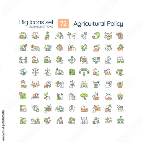 Agriculture policy RGB color icons set. Agribusiness regulation laws. Farmers support programs. Isolated vector illustrations. Simple filled line drawings collection. Editable stroke