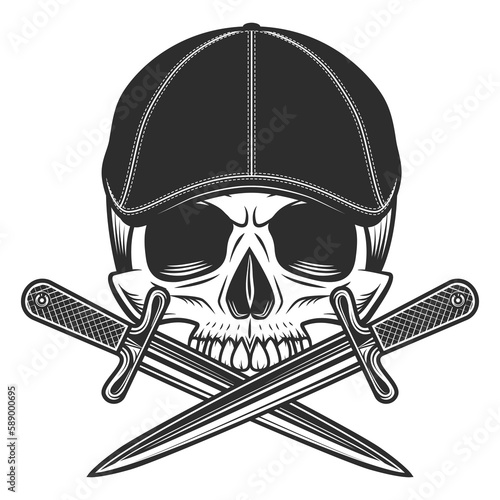 Skull without jaw in gangster gatsby tweed hat flat cap with dagger knife vintage vector illustration