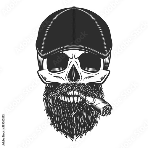 Skull smoking cigar or cigarette with beard and mustache in gangster gatsby tweed hat flat cap vintage vector illustration