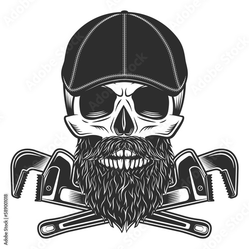 Skull with beard and mustache in gangster gatsby tweed hat flat cap with construction plumbing adjustable wrench service repair tool vector illustration