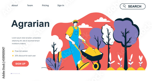 Agrarian concept for landing page template. Farmer with wheelbarrow works on farm and harvesting. Gardening and planting people scene. Vector illustration with flat character design for web banner