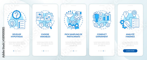 How to conduct causal research blue onboarding mobile app screen. Walkthrough 5 steps editable graphic instructions with linear concepts. UI, UX, GUI template. Myriad Pro-Bold, Regular fonts used