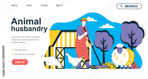 Animal husbandry concept for landing page template. Farmer breeds chickens and sheeps on farm. Poultry and livestock farming people scene. Vector illustration with flat character design for web banner
