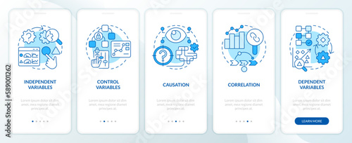 Causal research variables blue onboarding mobile app screen. Walkthrough 5 steps editable graphic instructions with linear concepts. UI, UX, GUI template. Myriad Pro-Bold, Regular fonts used