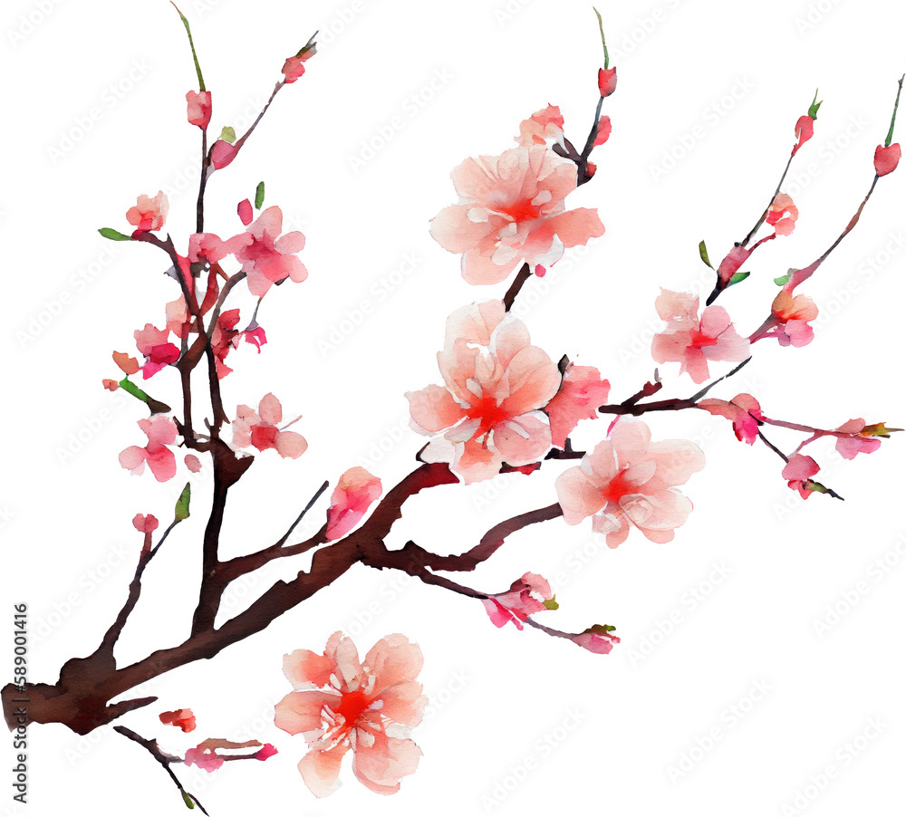 Cherry Blossom Flowers Watercolor. Generative AI