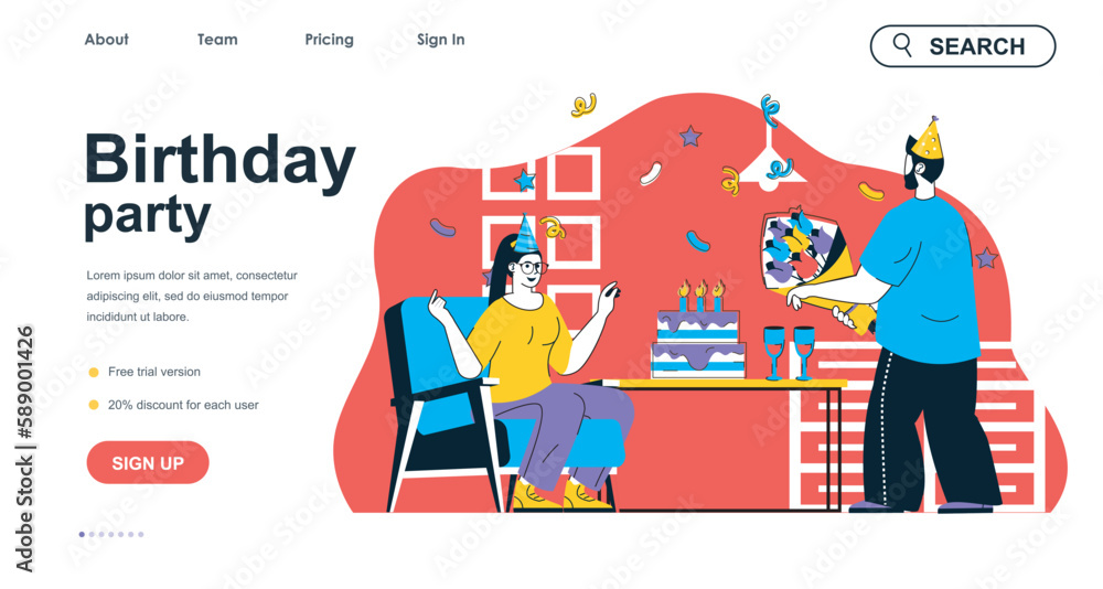 Birthday party concept for landing page template. Man gives flowers bouquet woman, couple celebrate holiday. Festive event people scene. Vector illustration with flat character design for web banner