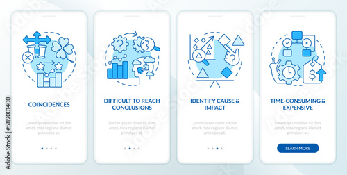 Causal research disadvantages blue onboarding mobile app screen. Walkthrough 5 steps editable graphic instructions with linear concepts. UI, UX, GUI template. Myriad Pro-Bold, Regular fonts used
