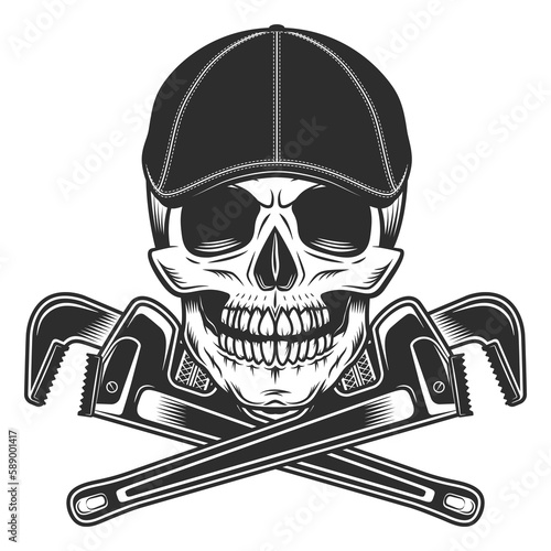Skull in gangcter gatsby tweed hat flat cap with construction plumbing adjustable wrench or repair service spanner vintage vector illustration