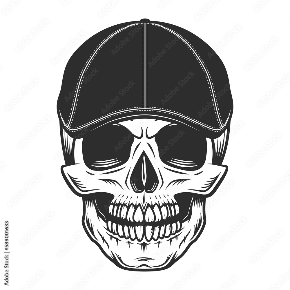 Skull in gangcter gatsby tweed hat flat cap vector vintage illustration Skull in gangcter gatsby tweed hat flat cap vector vintage illustration