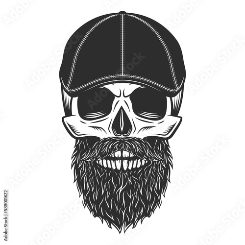 Skull in gangcter gatsby tweed hat flat cap with beard and mustache vector vintage illustration